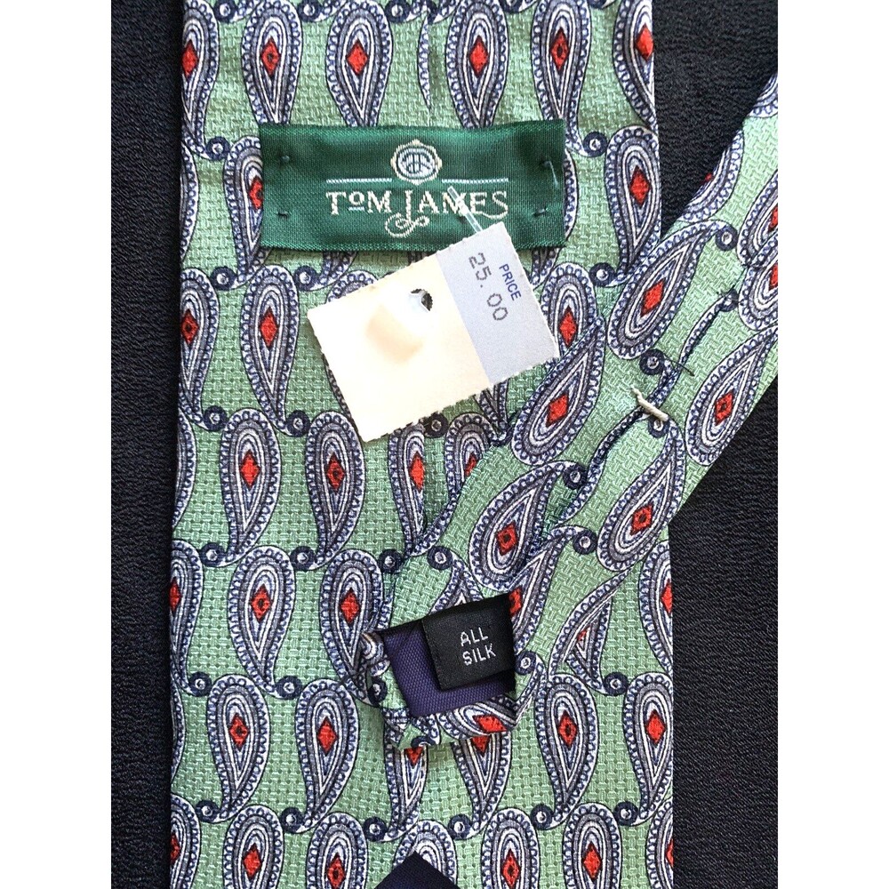 Vtg 80s 90s Tom James Silk Neck Tie Textured Mint Green Red Paisley Designer NOS